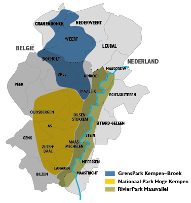 Situeringsplan van het Regionaal Landschap Kempen en Maasland en de 3 streken